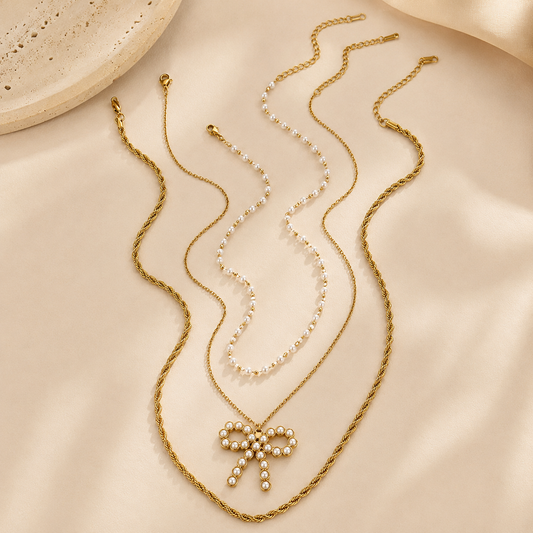 Golden Pearl Bow Layered Necklace Set