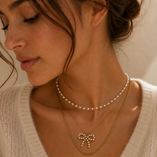 Golden Pearl Bow Layered Necklace Set