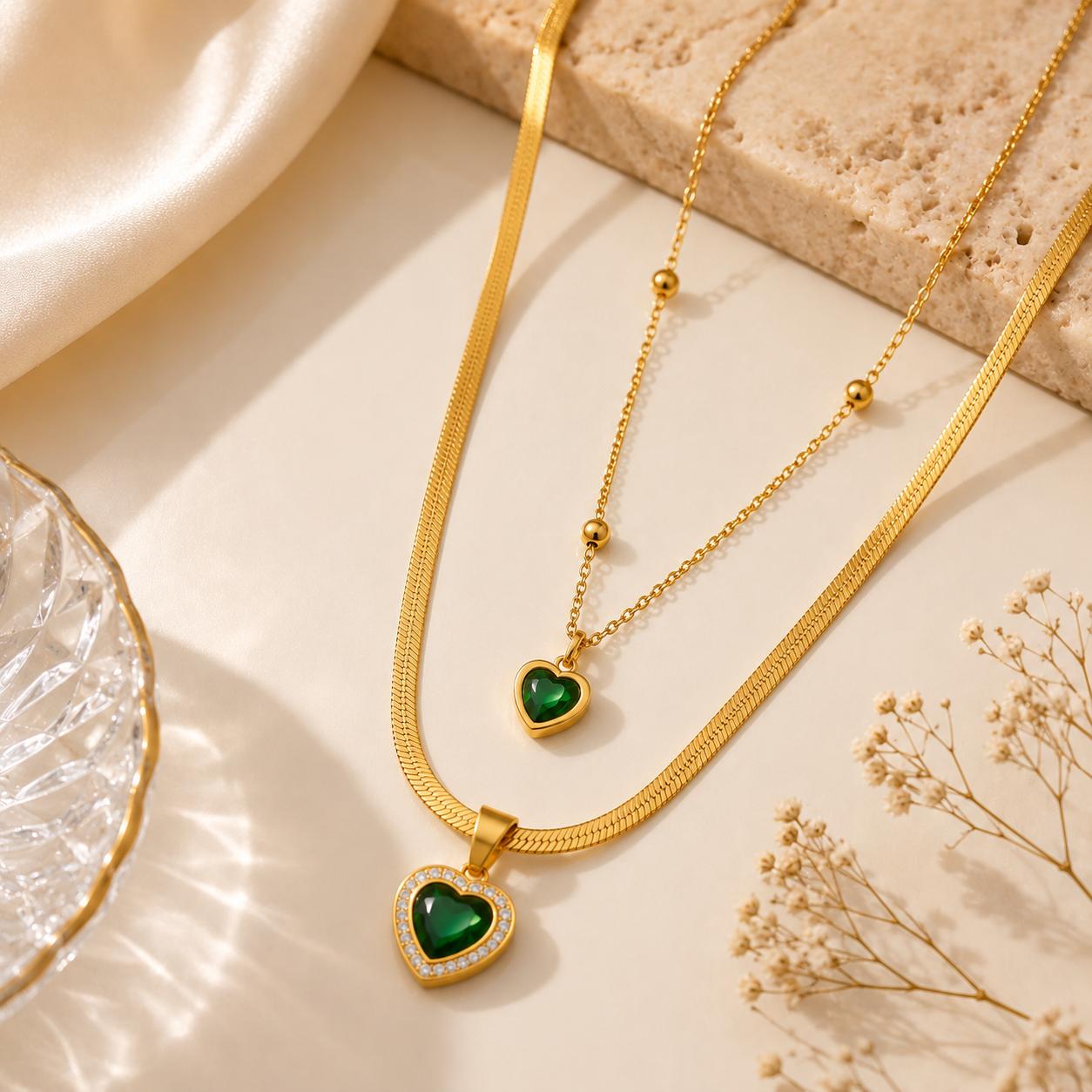 Emerald Heart Layered  Necklace