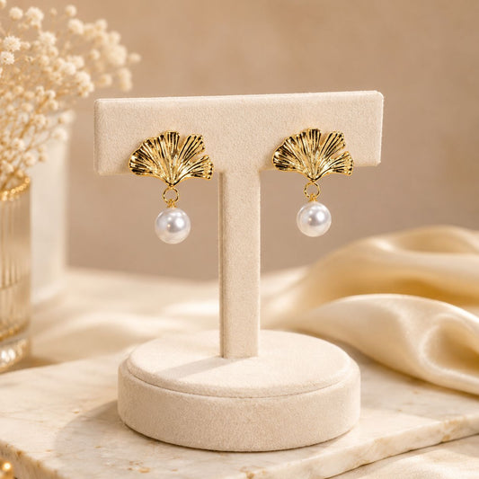 Gingko leaf Pearl Drop Earrings
