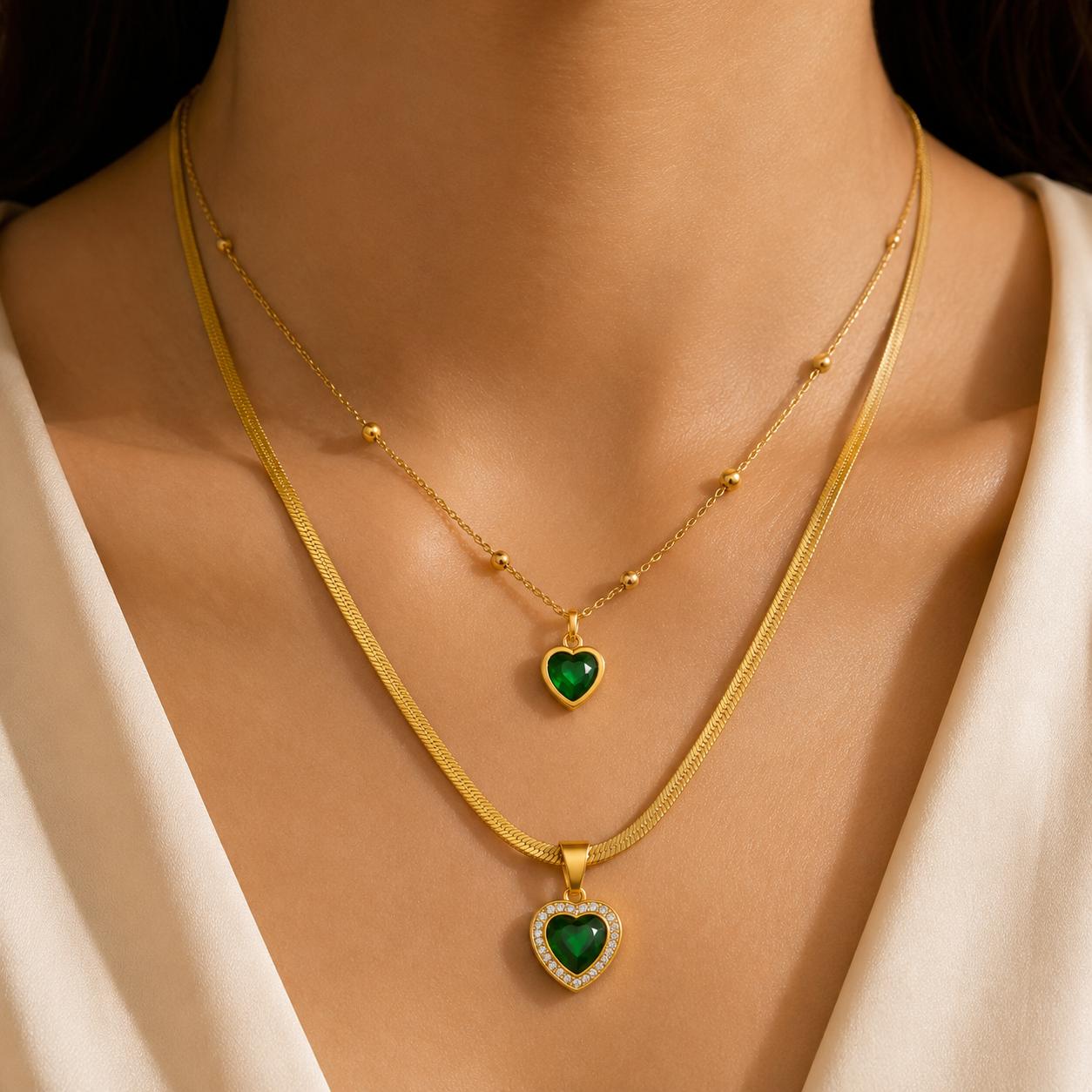 Emerald Heart Layered  Necklace